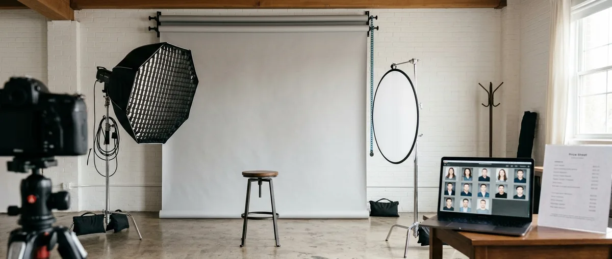 An empty headshot photography studio with a gray backdrop, softbox, stool and camera on a tripod