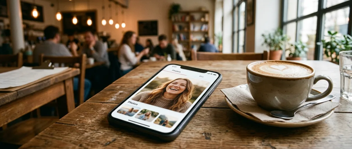 A phone on a café table showing a dating profile with a smiling main photo