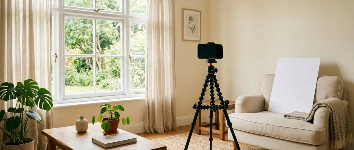 Phone on a tripod by a window, set up to take your own headshot