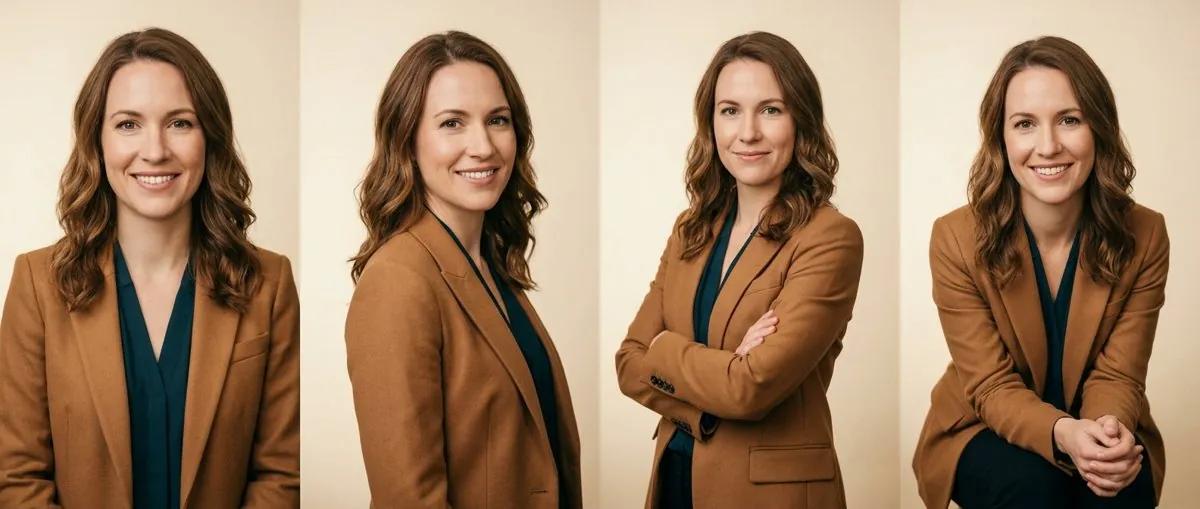 One woman shown in four headshot poses