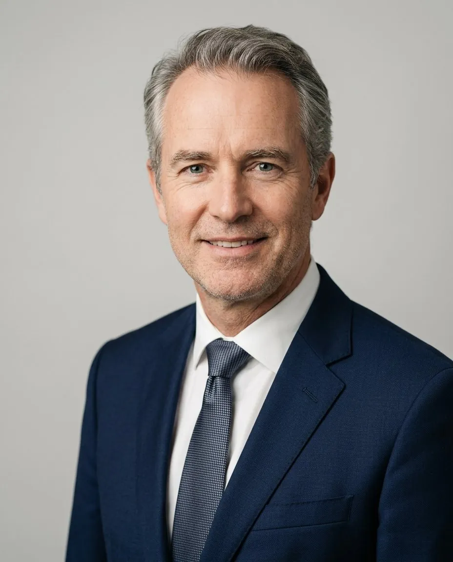 Corporate AI headshot of a man in a navy suit on a light grey background