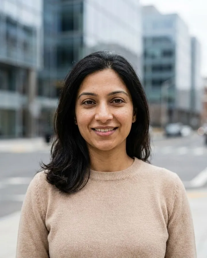 Modern AI profile picture: beige knit sweater on a blurred city street