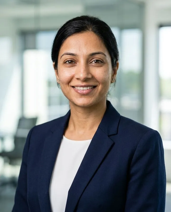The AI portrait made from that selfie, in a navy blazer in an office