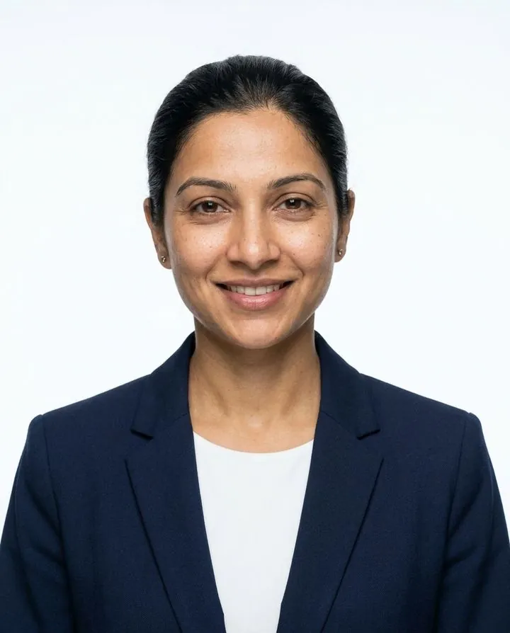 AI resume photo: navy suit on a white studio background