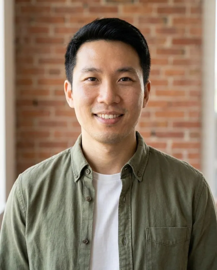 AI creative headshot in a casual shirt in front of a brick wall
