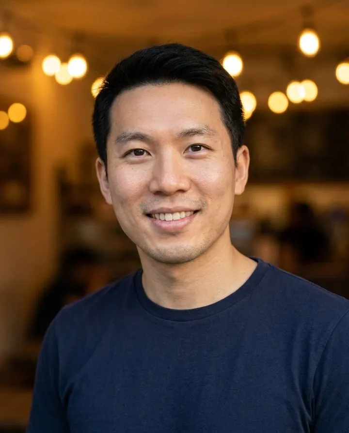 AI profile picture for dating apps: navy sweater in a warm café