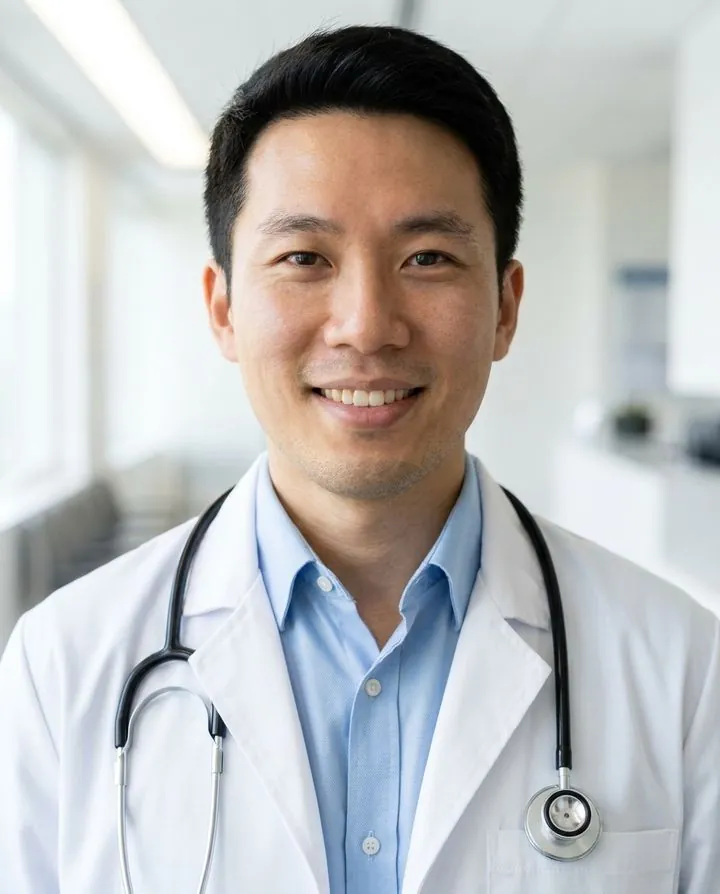 AI healthcare headshot in a white coat in a clinic corridor