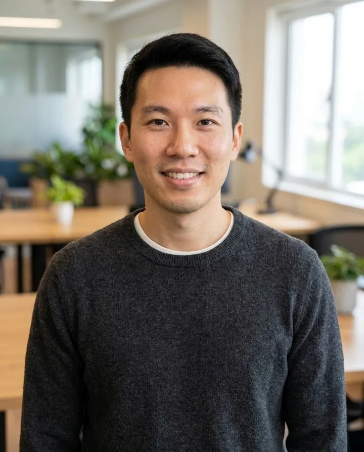 AI tech headshot in a sweater in a modern office