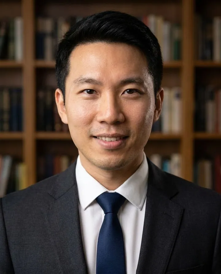 AI headshot in a suit in front of a bookshelf