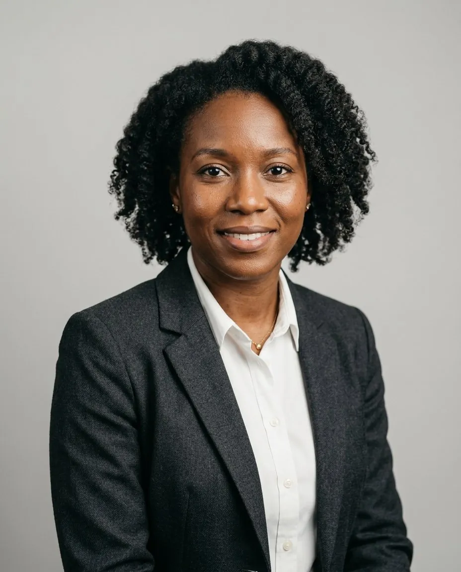 AI headshot of a woman in a charcoal blazer on a grey studio background