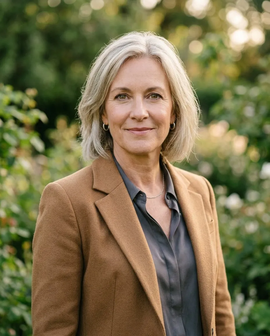 AI outdoor headshot of an older woman in a camel blazer in a garden