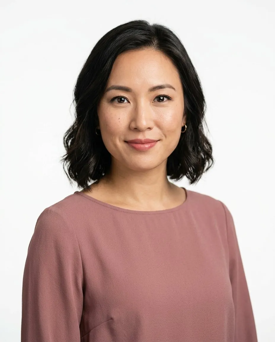 AI headshot of a woman in a pink top on a white background