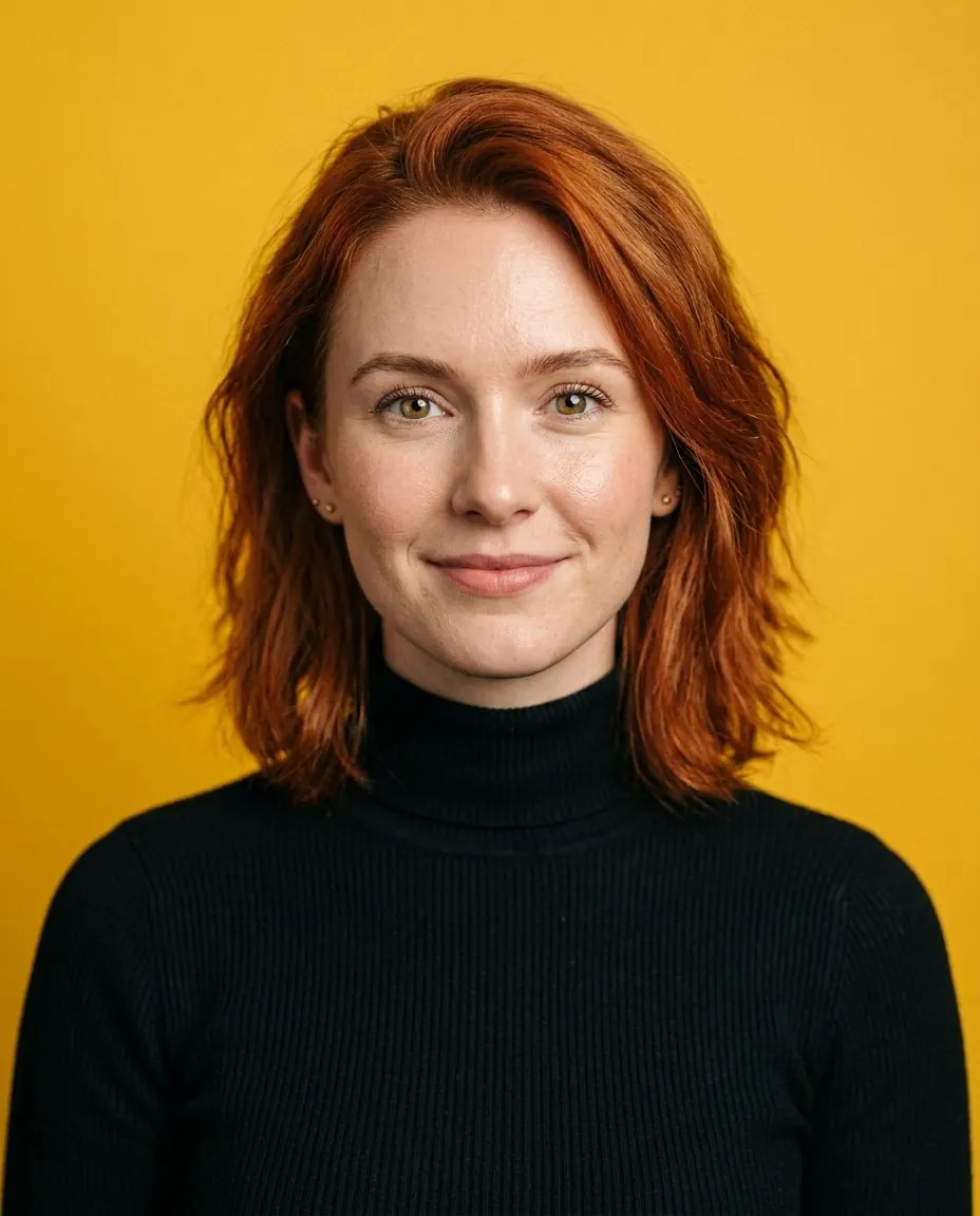 AI creative headshot of a red-haired woman on a yellow background