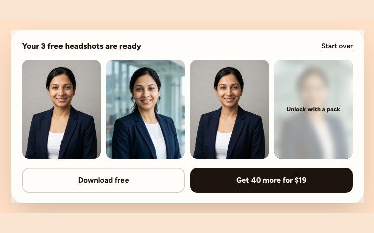 The results grid with three free headshots ready to download