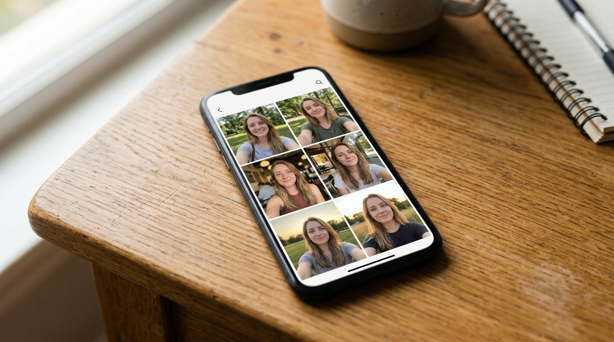 A phone showing a gallery of six selfies from different angles