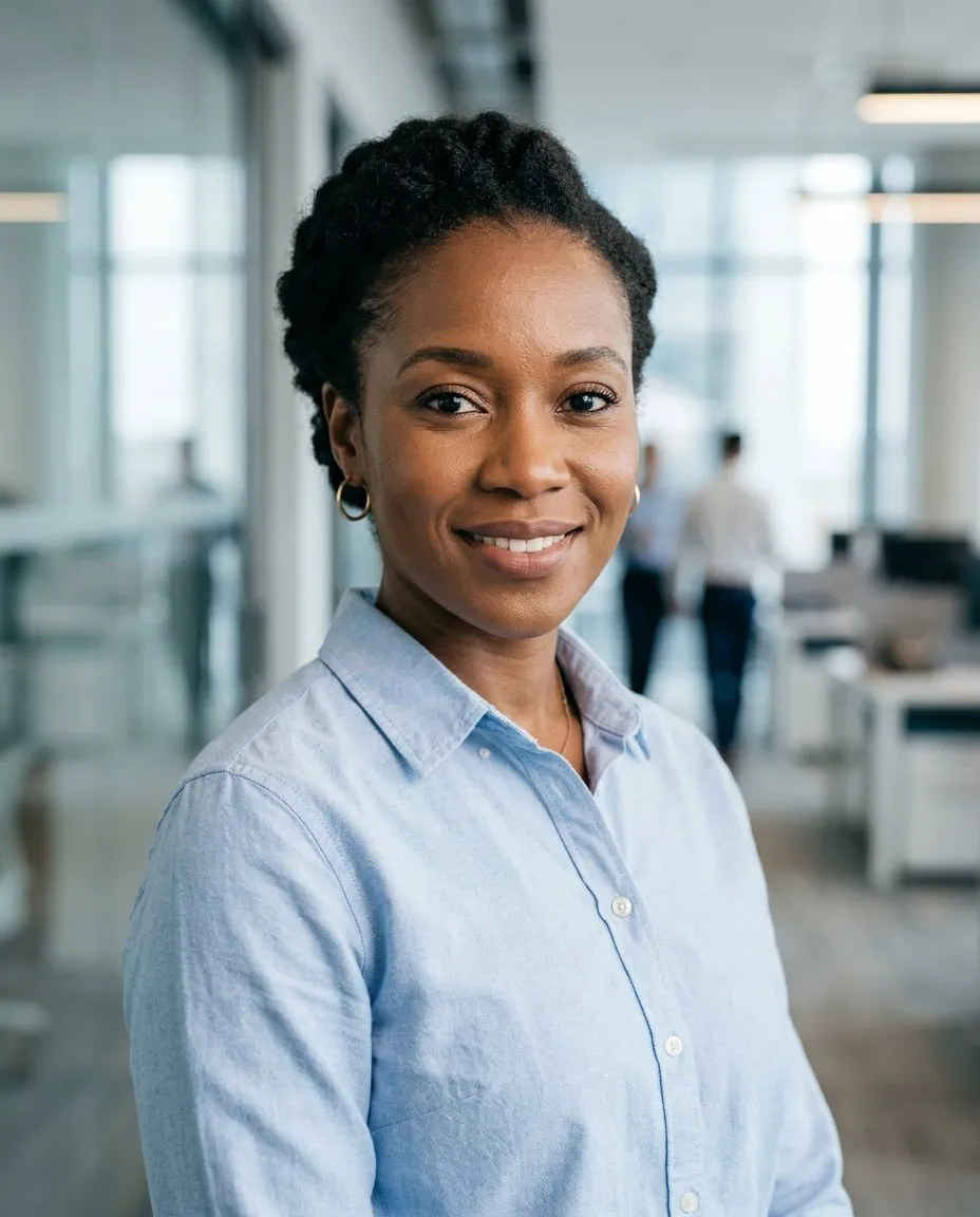 LinkedIn AI headshot of a woman in a light blue shirt in an office