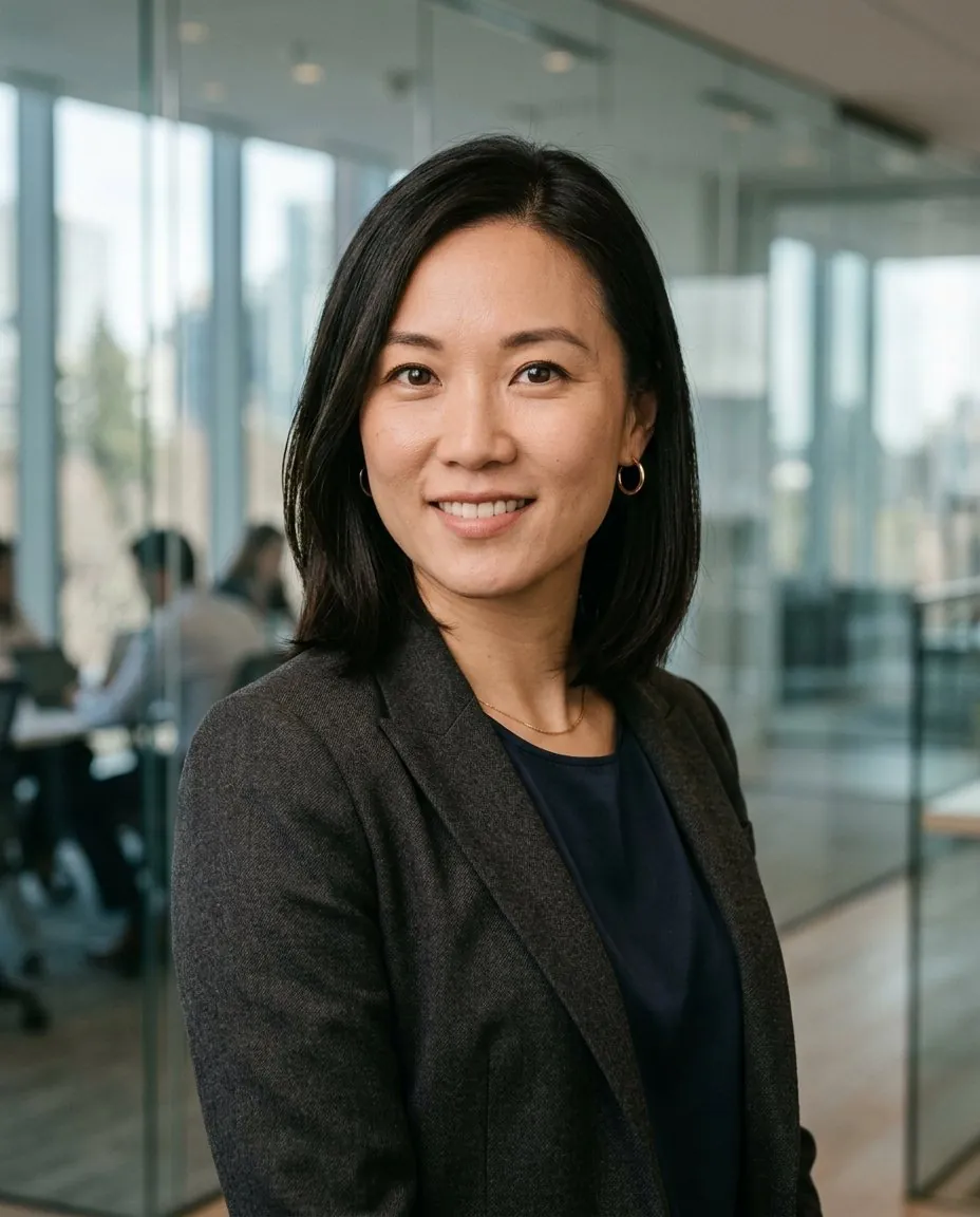 Professional AI headshot of a woman in a blazer in a glass office