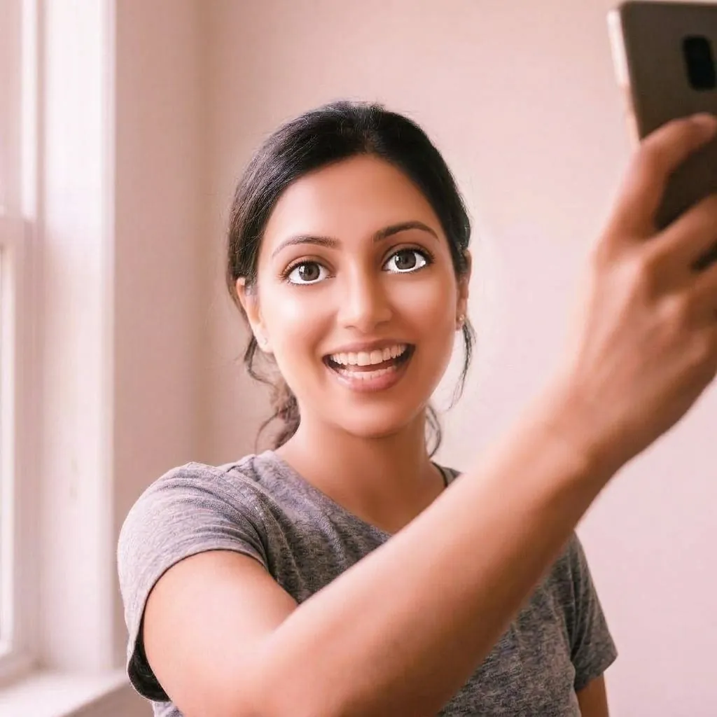 Selfie with a heavy beauty filter, which changes facial features