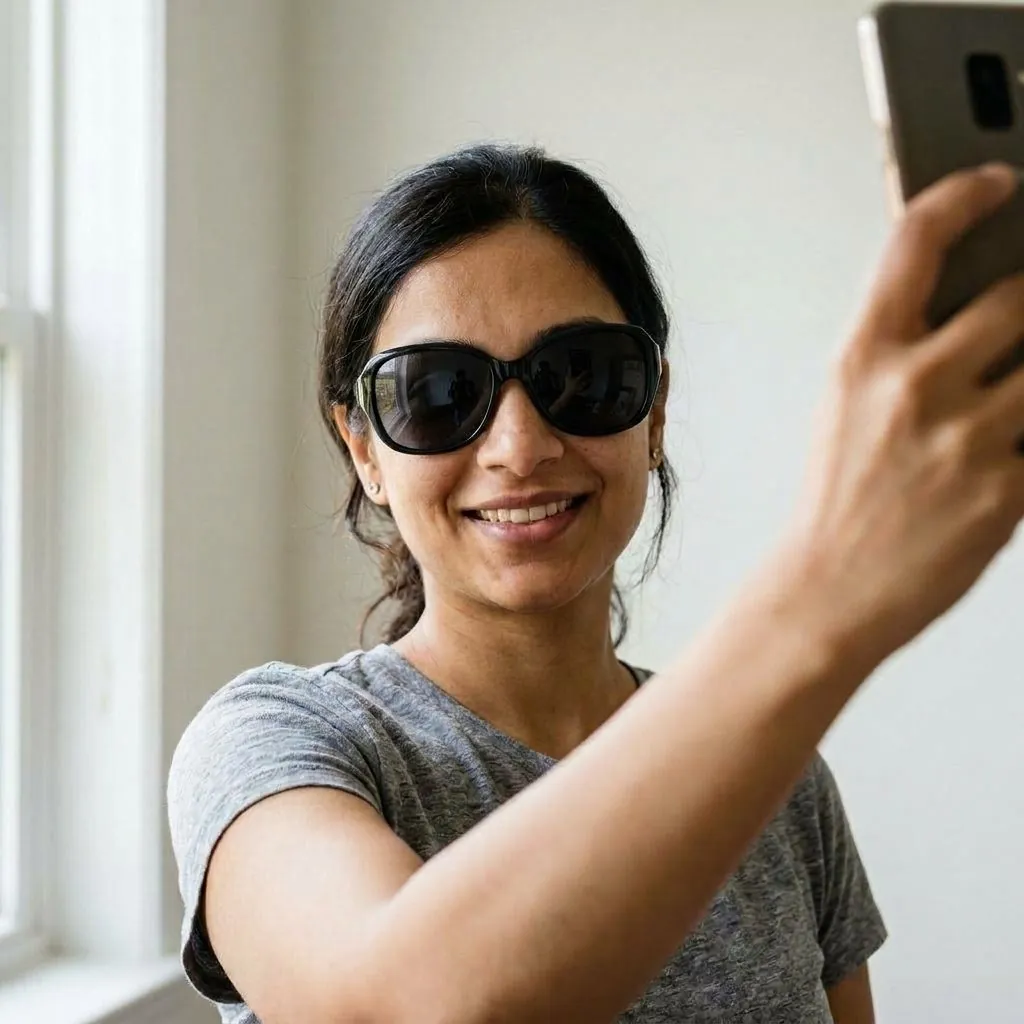 Selfie wearing sunglasses, which hides the eyes from the AI