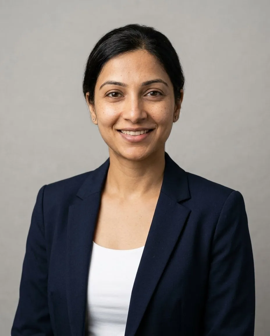 AI headshot of a woman in a navy blazer on a grey background